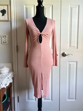 May Pink | long sleeve ribbed twist front cutout pink midi dress